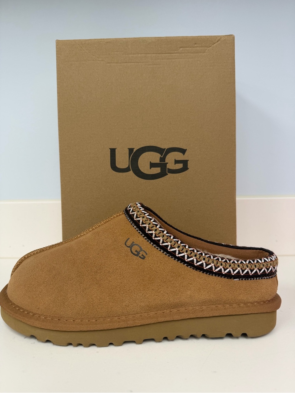 UGG Chestnut Suede Tasman Slip-On Clog with Woven Trim NIB